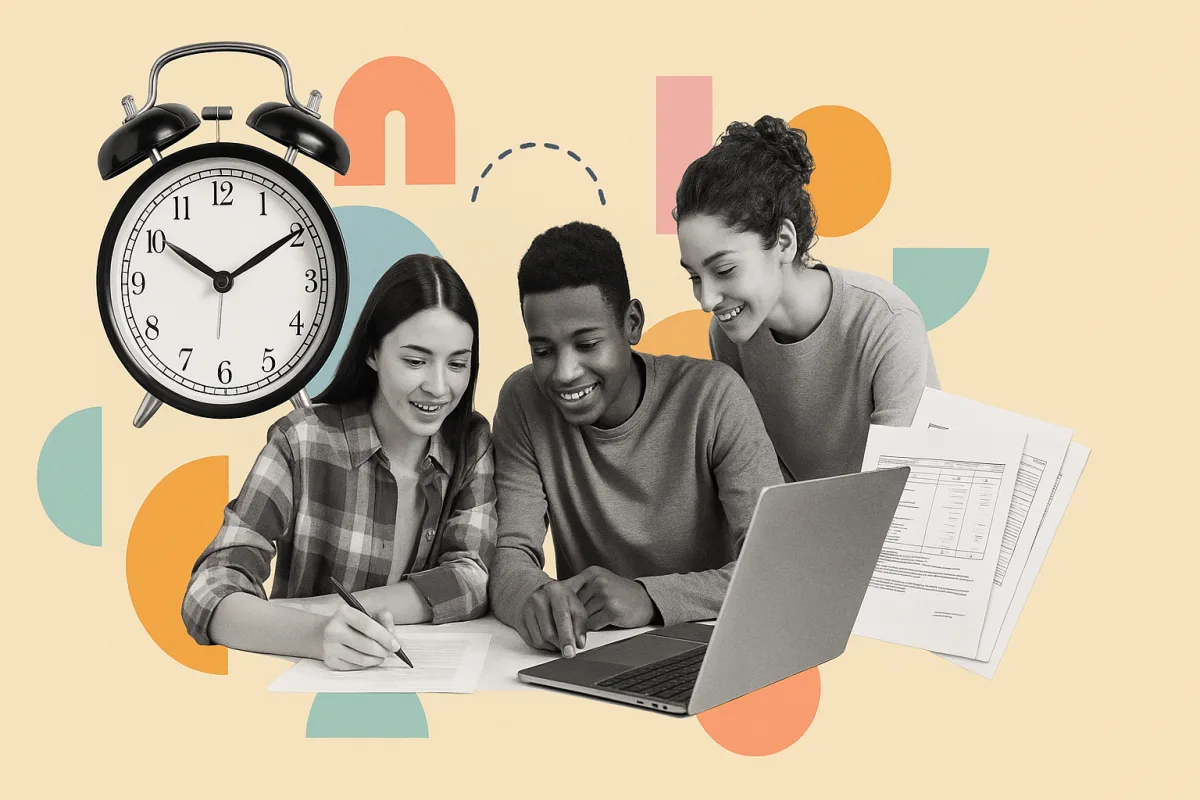 Reloj, laptop y documentos administrativos sobre una mesa con personas colaborando, representando la gestión del tiempo y trabajo en prácticas de Administración y Finanzas.