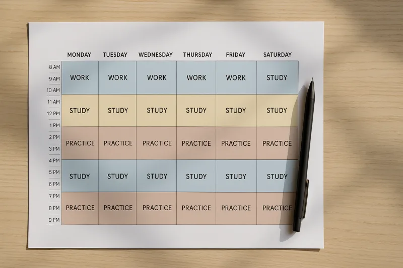 Calendario semanal con bloques de tiempo organizados para trabajo, estudio y prácticas de desarrollo web, mostrando planificación y gestión del tiempo para estudiantes trabajadores.