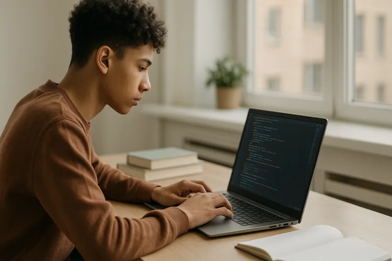 Estudiante trabajando en un portátil con código de desarrollo web en pantalla, ilustrando las ventajas de realizar prácticas online en Desarrollo de Aplicaciones Web.