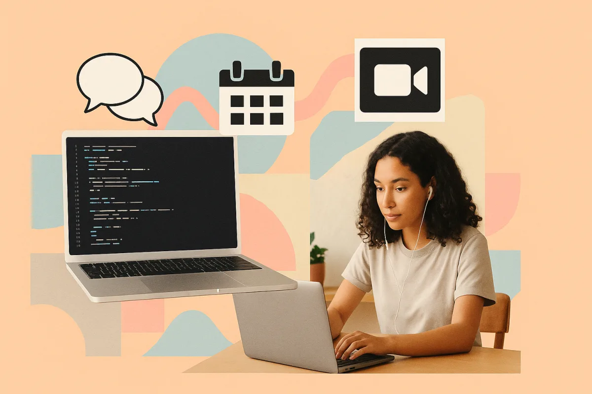Estudiante trabajando desde casa en desarrollo de aplicaciones web, con portátil mostrando código y calendario digital, junto a iconos de comunicación online