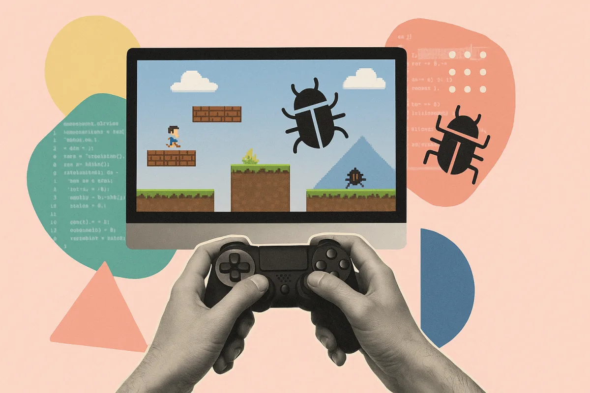 Pantalla de ordenador mostrando videojuego en prueba, manos de tester usando mando, gráficos de código y bugs destacados