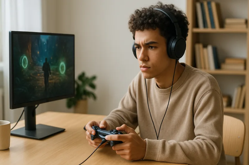 Persona joven concentrada probando un videojuego en un ordenador