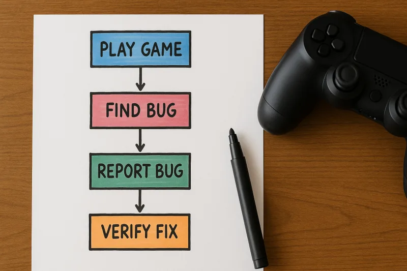 Diagrama de flujo que muestra las tareas y responsabilidades de un Game Tester en el desarrollo de videojuegos, incluyendo pruebas de jugabilidad, detección de errores, reporte de fallos y seguimiento de correcciones.