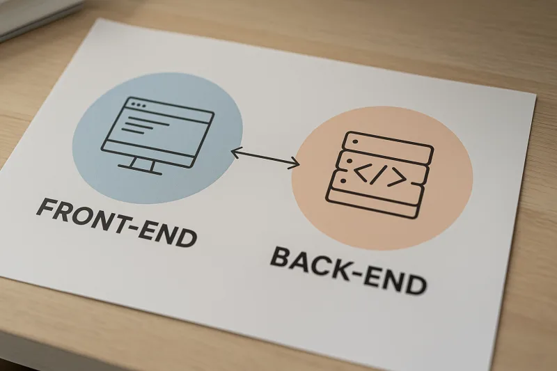 Diagrama que ilustra las diferencias entre Front-end y Back-end en desarrollo web, destacando las habilidades clave de cada área.