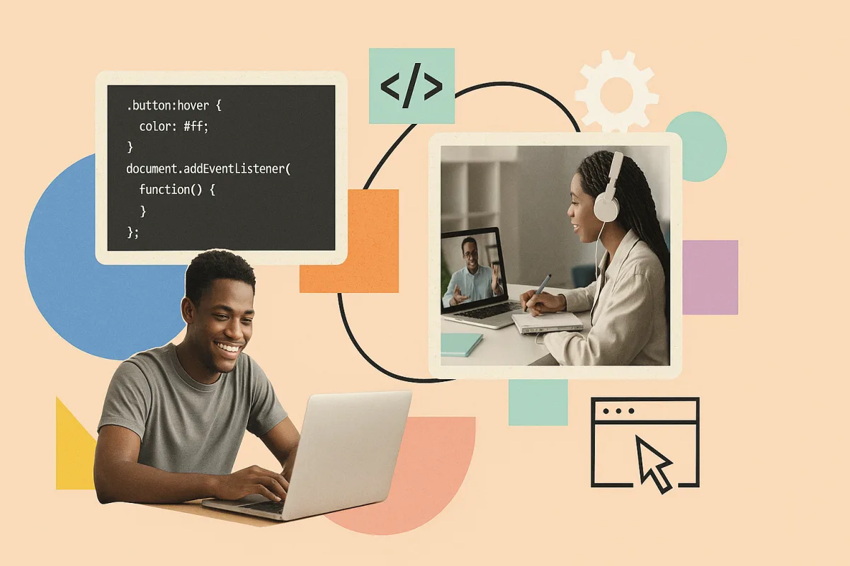 Collage con código, pantallas de ordenador, iconos de desarrollo web y personas estudiando online para ilustrar habilidades de programador Front-end y Back-end