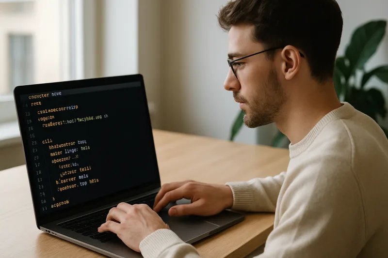 Programador front-end escribiendo código HTML y CSS en un portátil