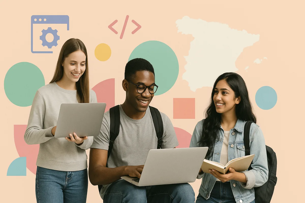 Estudiantes diversos usando un ordenador portátil con iconos de desarrollo web y un mapa de España en el fondo