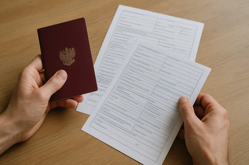 Manos sosteniendo un pasaporte y formularios oficiales relacionados con trámites para estudiantes internacionales en España