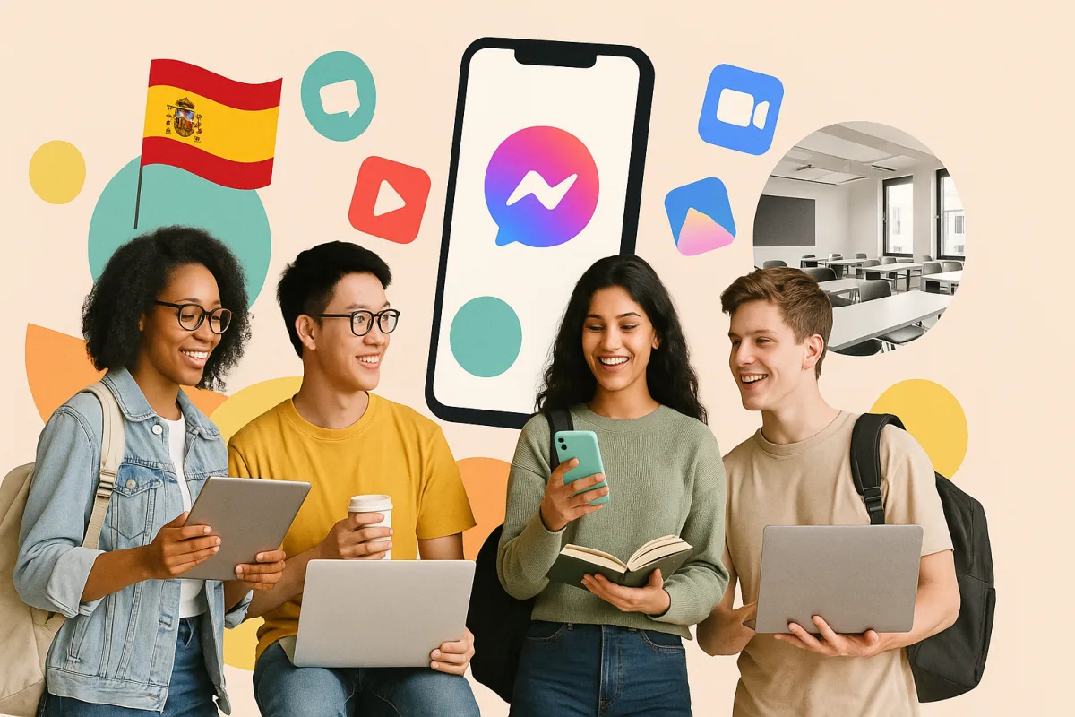 Estudiantes internacionales en un aula moderna con dispositivos móviles y iconos de aplicaciones, junto a una bandera española