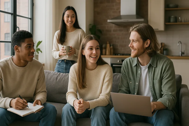 Jóvenes estudiantes extranjeros compartiendo en un piso moderno durante sus estudios de desarrollo de aplicaciones móviles en España