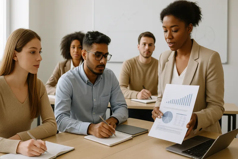 Estudiantes en aula presencial aprendiendo conceptos de administración y finanzas