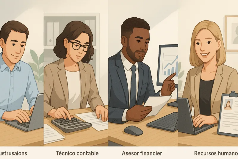 Ilustraciones que representan los principales perfiles profesionales del ciclo de Administración y Finanzas: gestor administrativo, técnico contable, asesor financiero y especialista en recursos humanos.