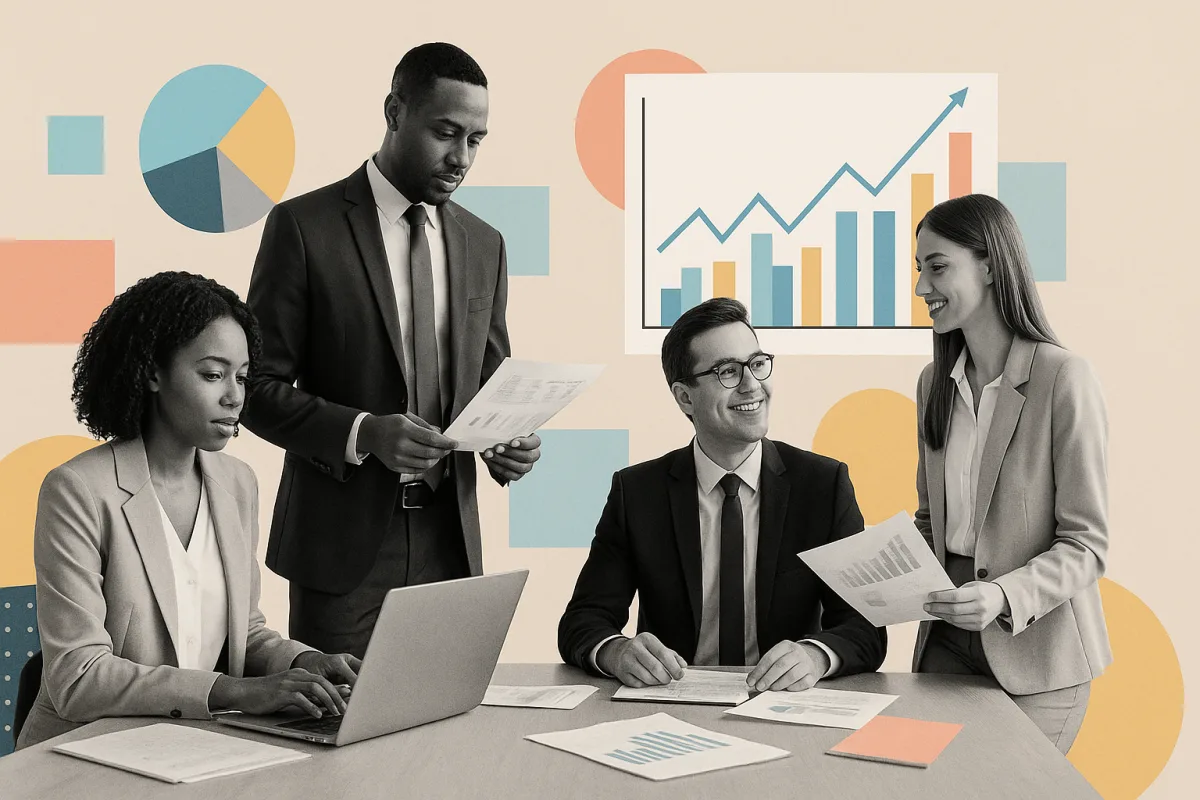 Personas trabajando en una oficina moderna con gráficos financieros y documentos administrativos, en un ambiente colaborativo