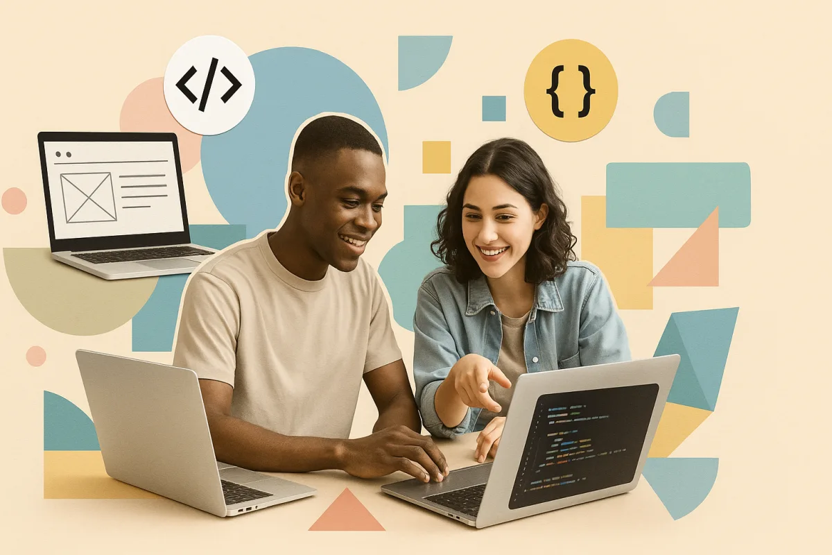 Jóvenes estudiantes trabajando en equipo frente a ordenadores con código en pantalla y iconos que representan programación Back-end y Front-end.