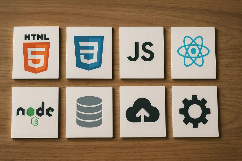 Iconos que representan habilidades necesarias para programadores Front-end y Back-end, incluyendo diseño web, codificación, bases de datos y servidores.