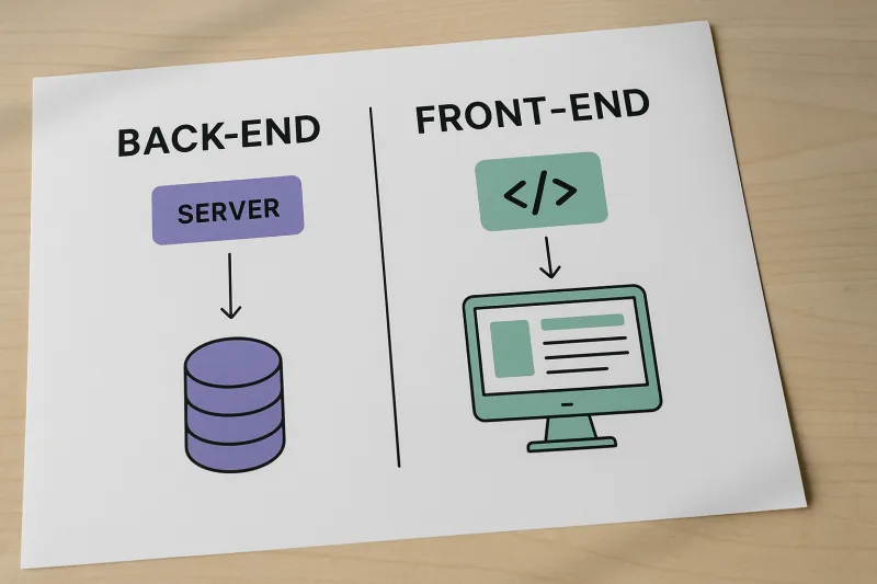 Diagrama comparativo que muestra las diferencias entre desarrollo Back-end y Front-end en programación web, destacando funciones y tecnologías de cada área.