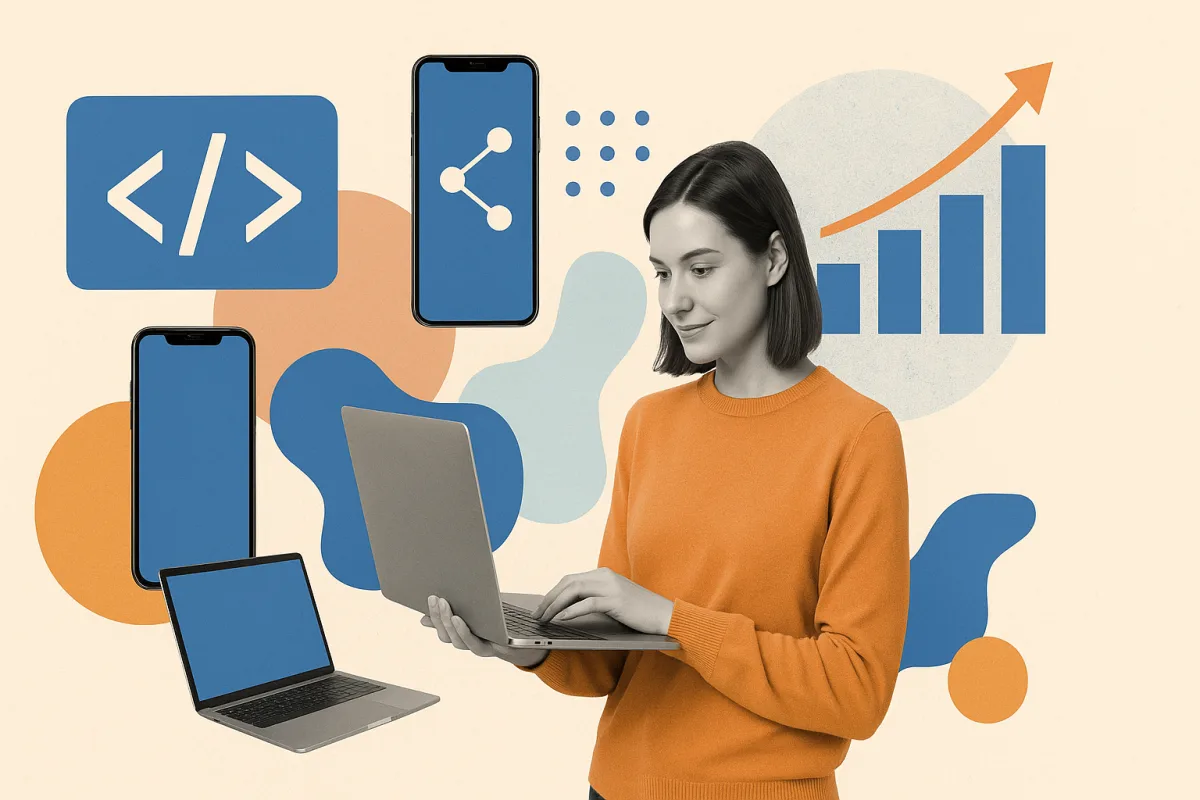 Collage editorial con iconos de código, smartphones, portátiles y gráficos que ilustran la comparativa de salarios entre desarrolladores web y móviles en España