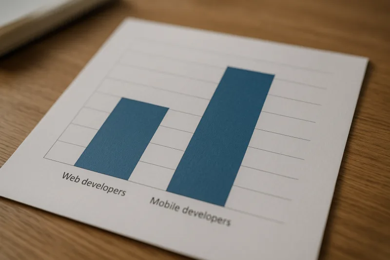 Gráfico de barras que compara los salarios medios de desarrolladores web y desarrolladores móviles en España, mostrando diferencias en remuneración entre ambos perfiles.