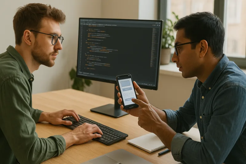 Ilustración de desarrolladores trabajando en computadoras, uno con iconos de código web y otro con iconos de aplicaciones móviles, representando perfiles de desarrollador web y móvil.