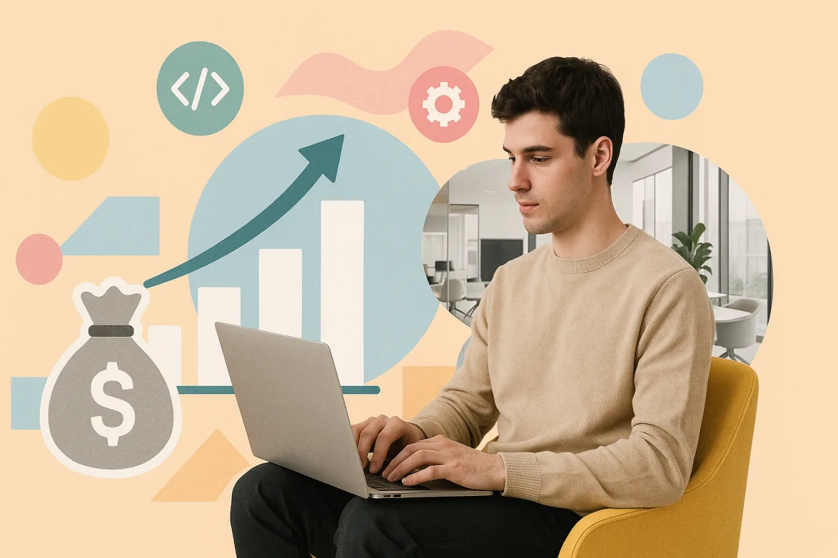 Persona joven con laptop rodeada de gráficos de crecimiento salarial e iconos de desarrollo web en un ambiente profesional moderno