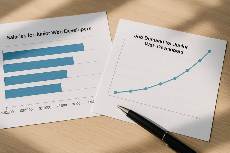 Gráficos que muestran la comparación de salarios y la demanda laboral para desarrolladores web junior en diferentes regiones.