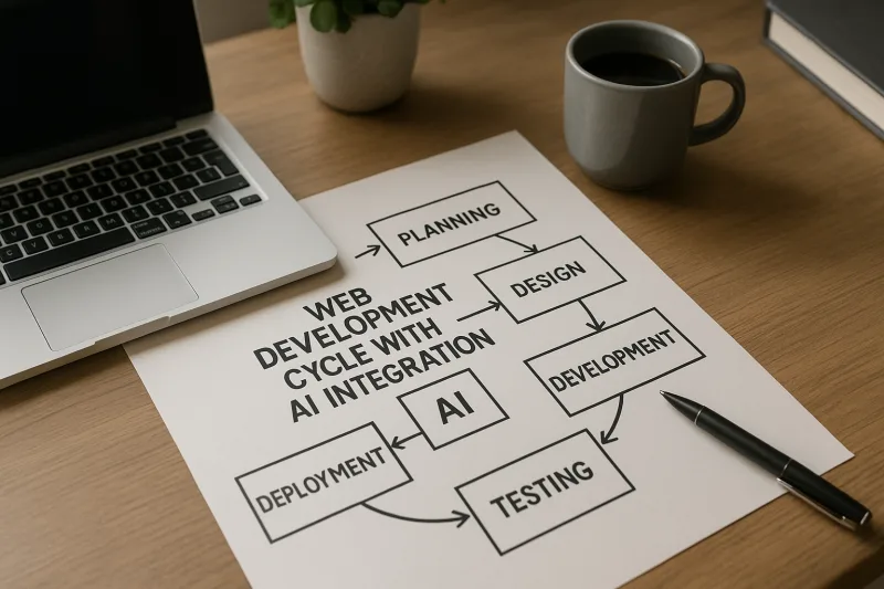 Diagrama del ciclo de desarrollo web mostrando etapas clave con integración de inteligencia artificial para mejorar eficiencia y automatización.