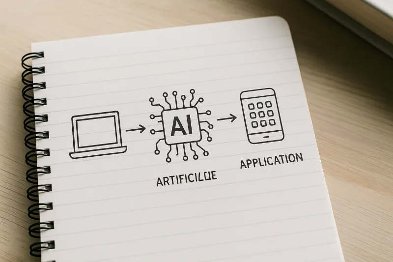 Esquema básico que muestra cómo la inteligencia artificial se integra en el desarrollo de aplicaciones, con iconos representando algoritmos, datos y programación.