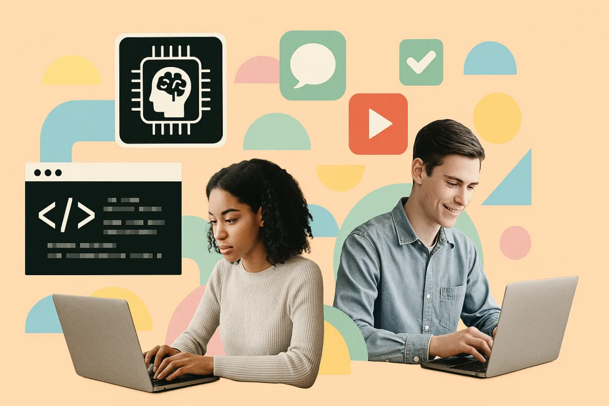 Ilustración de inteligencia artificial con código de desarrollo web, iconos de aplicaciones y estudiantes trabajando en computadoras, representando la transformación del desarrollo de aplicaciones en Formación Profesional.