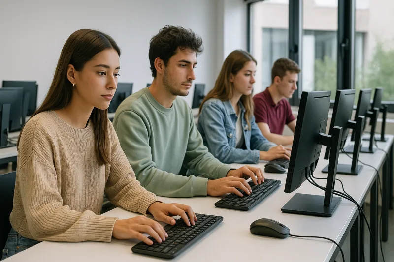 Estudiantes trabajando en ordenadores en aula moderna de Vigara FP, introducción a los Grados Superiores en Desarrollo de Aplicaciones Web y Desarrollo de Aplicaciones Multiplataforma.