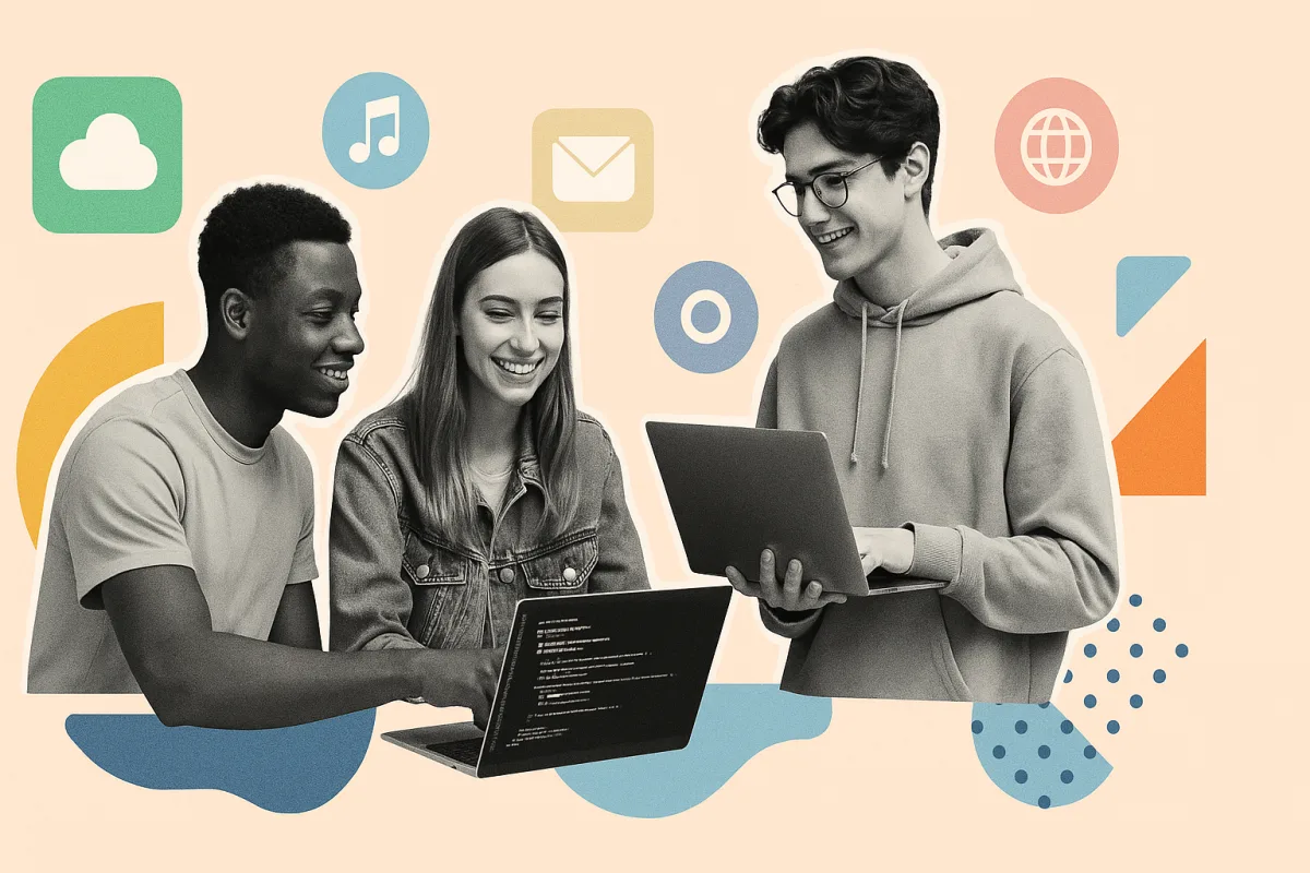 Jóvenes estudiantes colaborando con ordenadores portátiles mostrando código, iconos de aplicaciones móviles y web en un ambiente moderno y dinámico, representando los grados superiores DAW y DAM de Vigara FP.