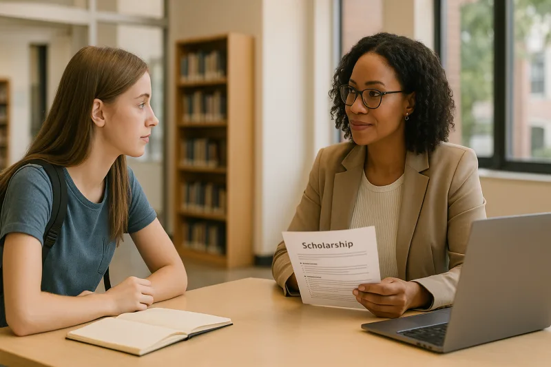 Estudiante recibiendo asesoría sobre becas oficiales y ayudas gubernamentales para ciclos IT en formación profesional