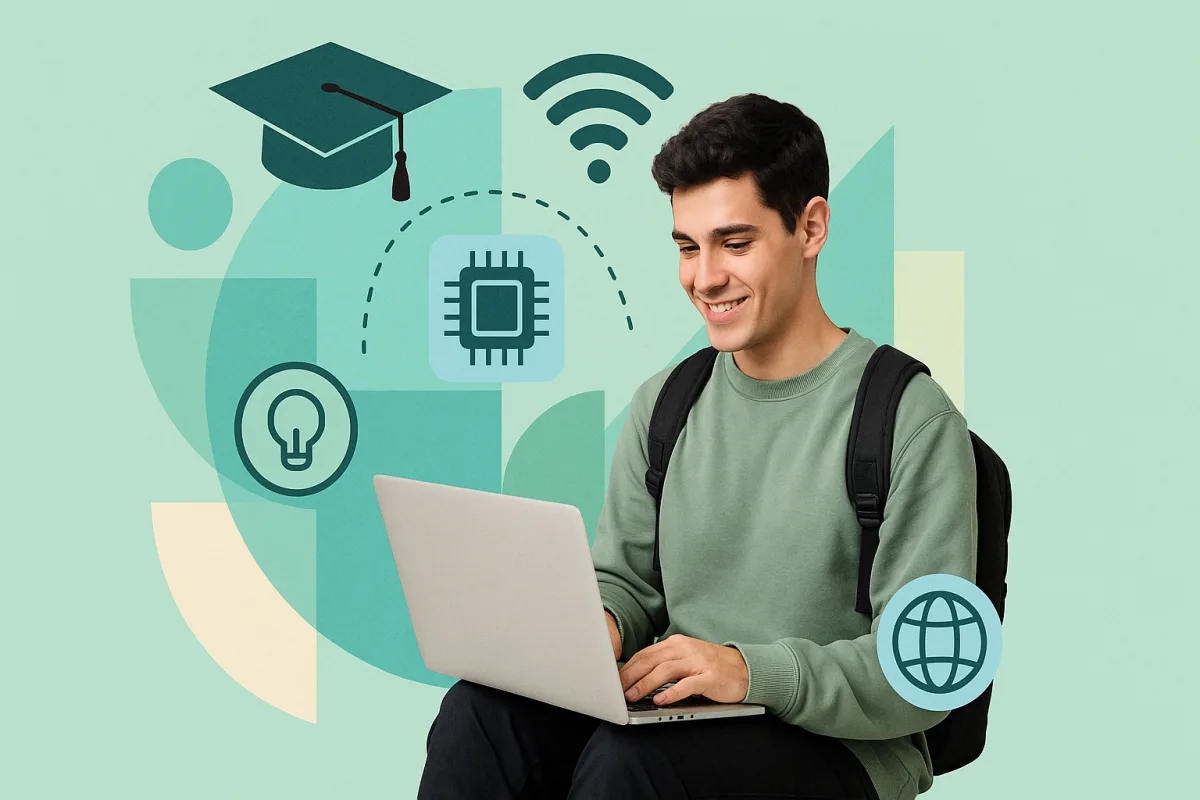 Estudiante con portátil rodeado de iconos de becas y símbolos tecnológicos sobre fondo moderno azul y verde