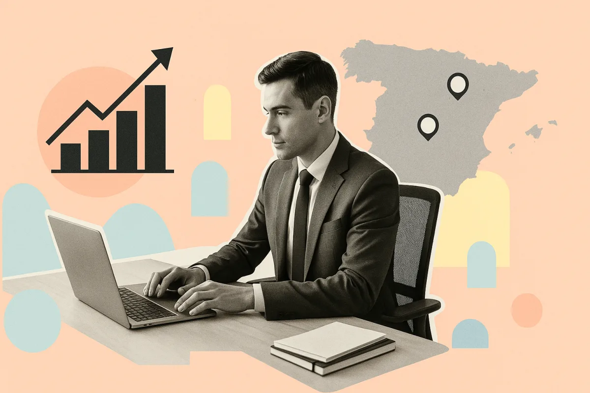 Persona trabajando en oficina moderna con gráficos de crecimiento salarial y mapa de España mostrando indicadores regionales de salarios administrativos