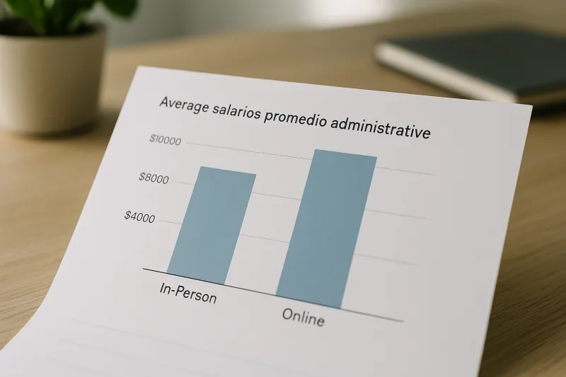 Gráfico de barras comparando salarios promedio de administrativos formados presencialmente y en línea en España.