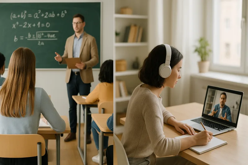 Comparación visual entre un aula presencial con estudiantes y un estudiante estudiando gestión administrativa en casa de forma online.