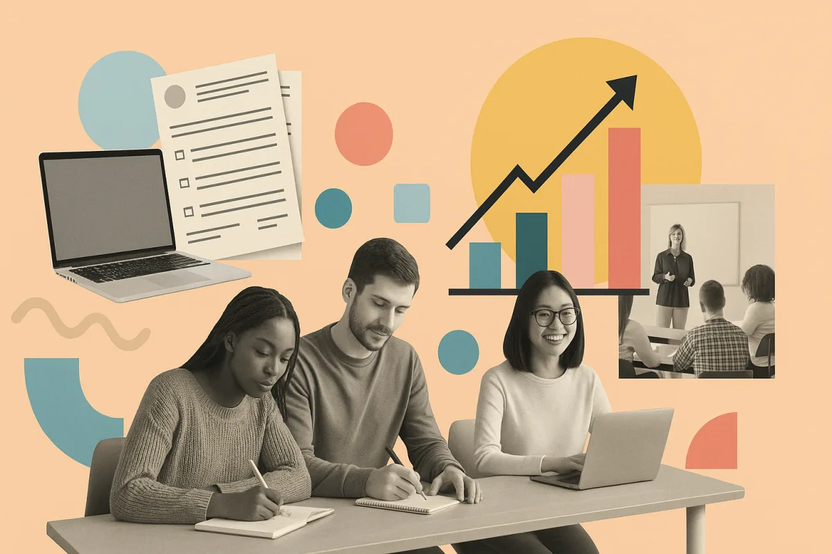 Computadora portátil con documentos administrativos y gráficos salariales, aula de formación con personas estudiando, ilustrando la comparativa de salarios de administrativos presenciales y online en España