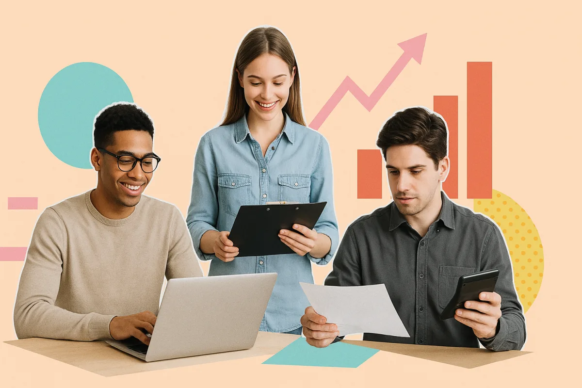 Jóvenes estudiantes en oficina con tecnología y documentos, representando estudios en Administración y Finanzas en Vigara FP