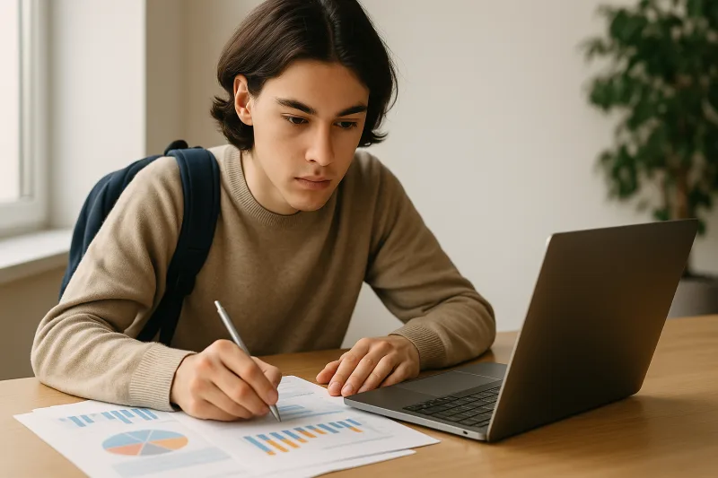 Estudiante estudiando administración y finanzas con ordenador y documentos financieros en Vigara FP