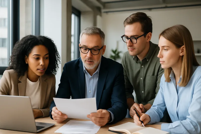 Profesionales de Administración y Finanzas colaborando en equipo en una oficina moderna