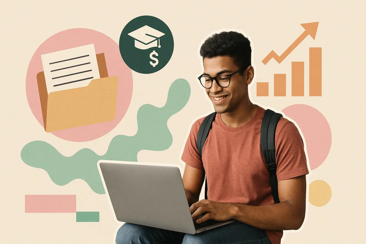 Estudiante con laptop y documentos administrativos, rodeado de iconos que representan becas y aumento salarial