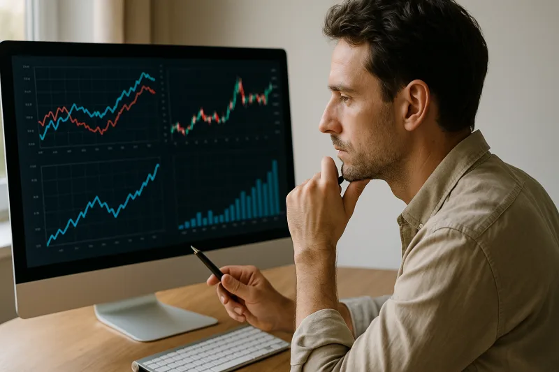Persona revisando gráficos y datos en una pantalla digital, representando el análisis de datos en el perfil profesional de un analista de datos.
