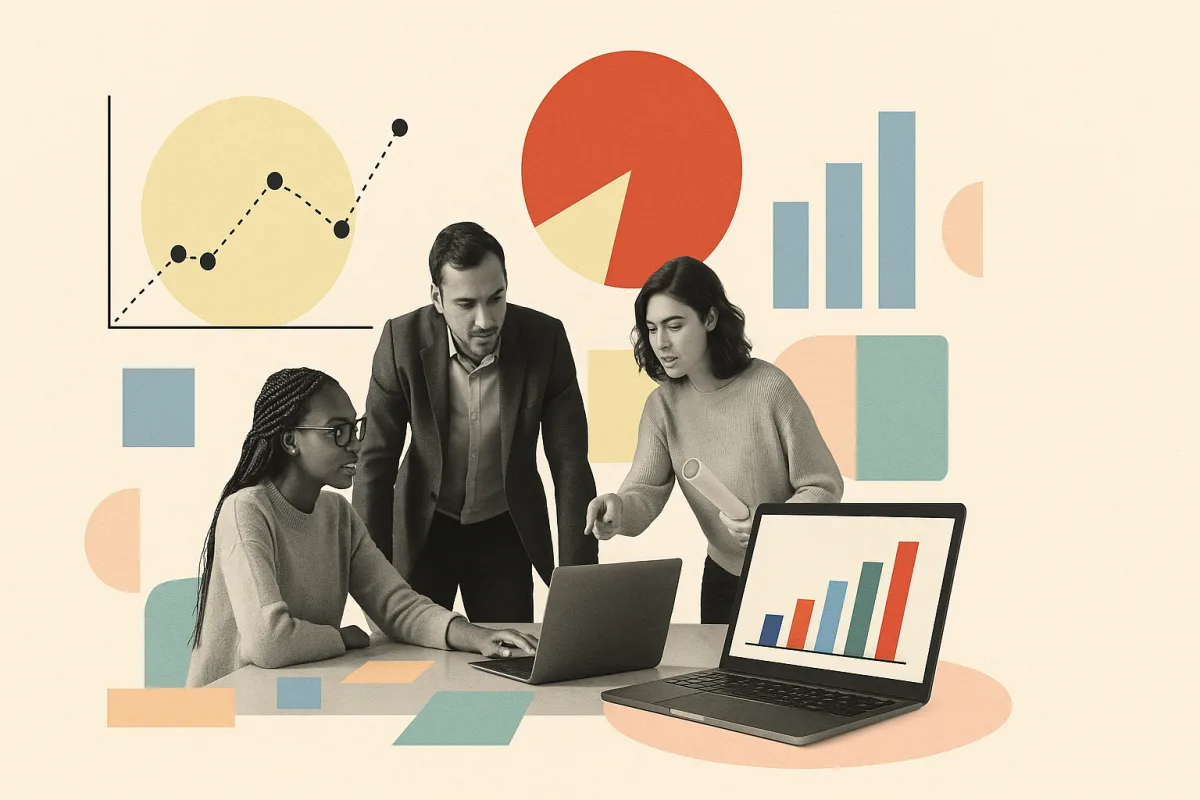 Gráficos estadísticos en pantalla de portátil con profesionales colaborando en equipo, representando análisis de datos y perspectivas laborales para graduados en Desarrollo de Aplicaciones.