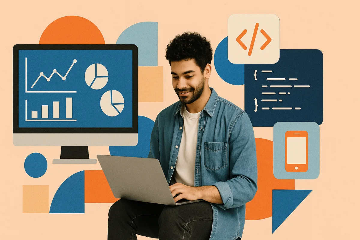 Joven profesional con laptop frente a pantalla que muestra gráficos de datos y código, rodeado de iconos relacionados con desarrollo web y móvil.