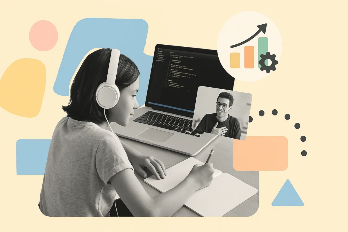 Estudiante trabajando en desarrollo de aplicaciones web en un portátil con código y gráficos en pantalla